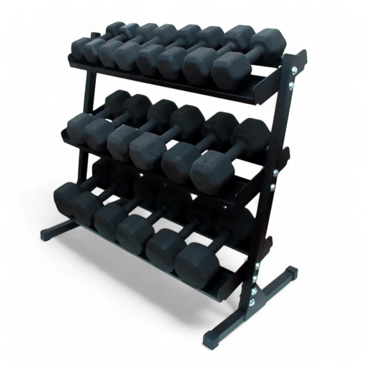 Kit Dumbell Sextavado Pintado — detalhe dumbells no rack